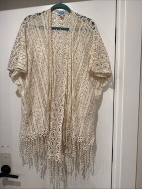 Boho Crochet Fringe Kimono Cardigan - Cream